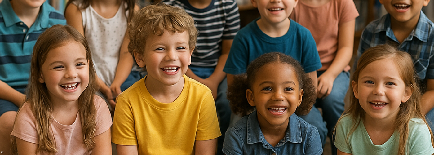 Kinder hören bei der Vorlesestunde in der Bücherei zu